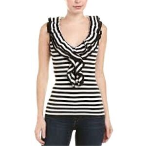 Trina Turk Black White Striped Quill Sleeveless Ruffle Neck Knit Top